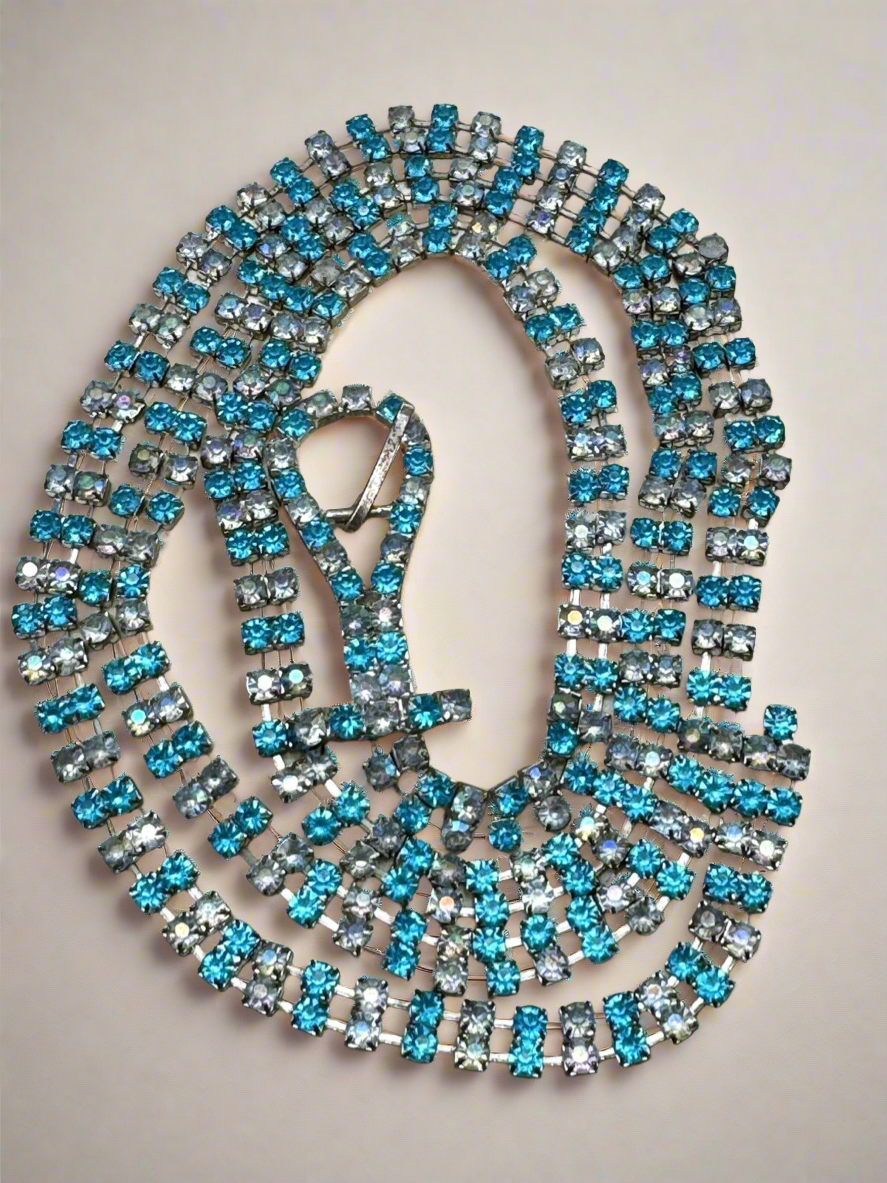 Vintage RHINESTONE Belt Buckle Necklace Blue Clear AB 41”l
