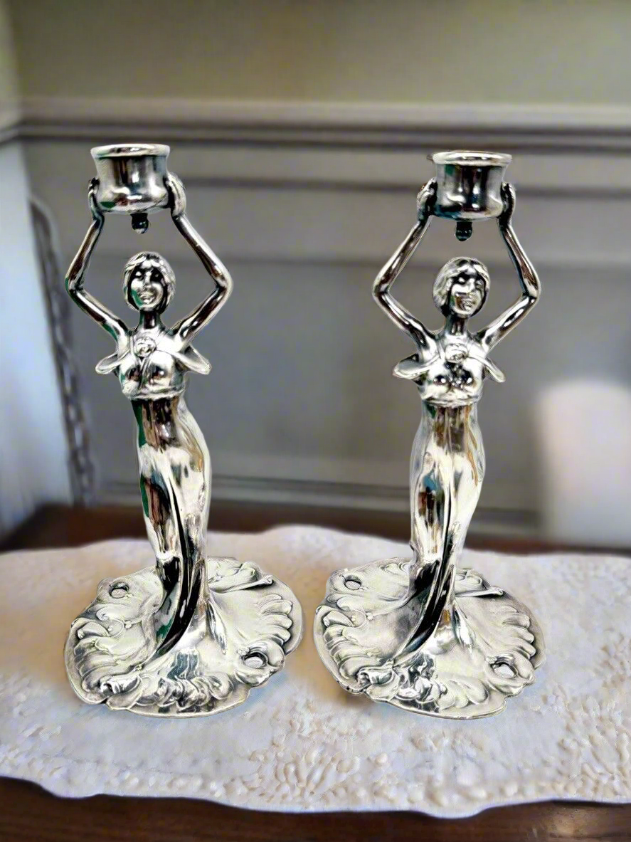 Art Nouveau Style Silver Tone Candle Sticks Ca. 9.5”h Substantial SIGNED J B
