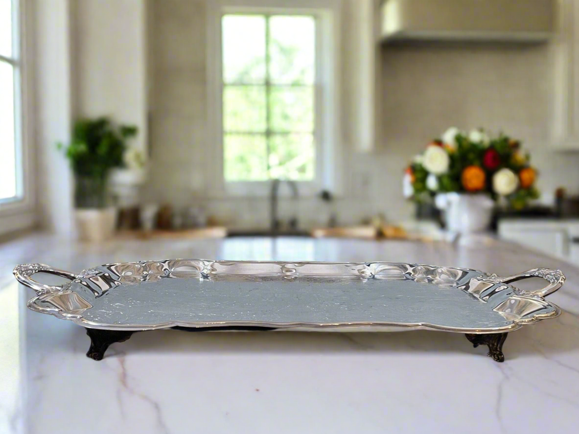 Silverplate Tray Victorian Style American Rogers HANDLED & Footed Chased VINTAGE