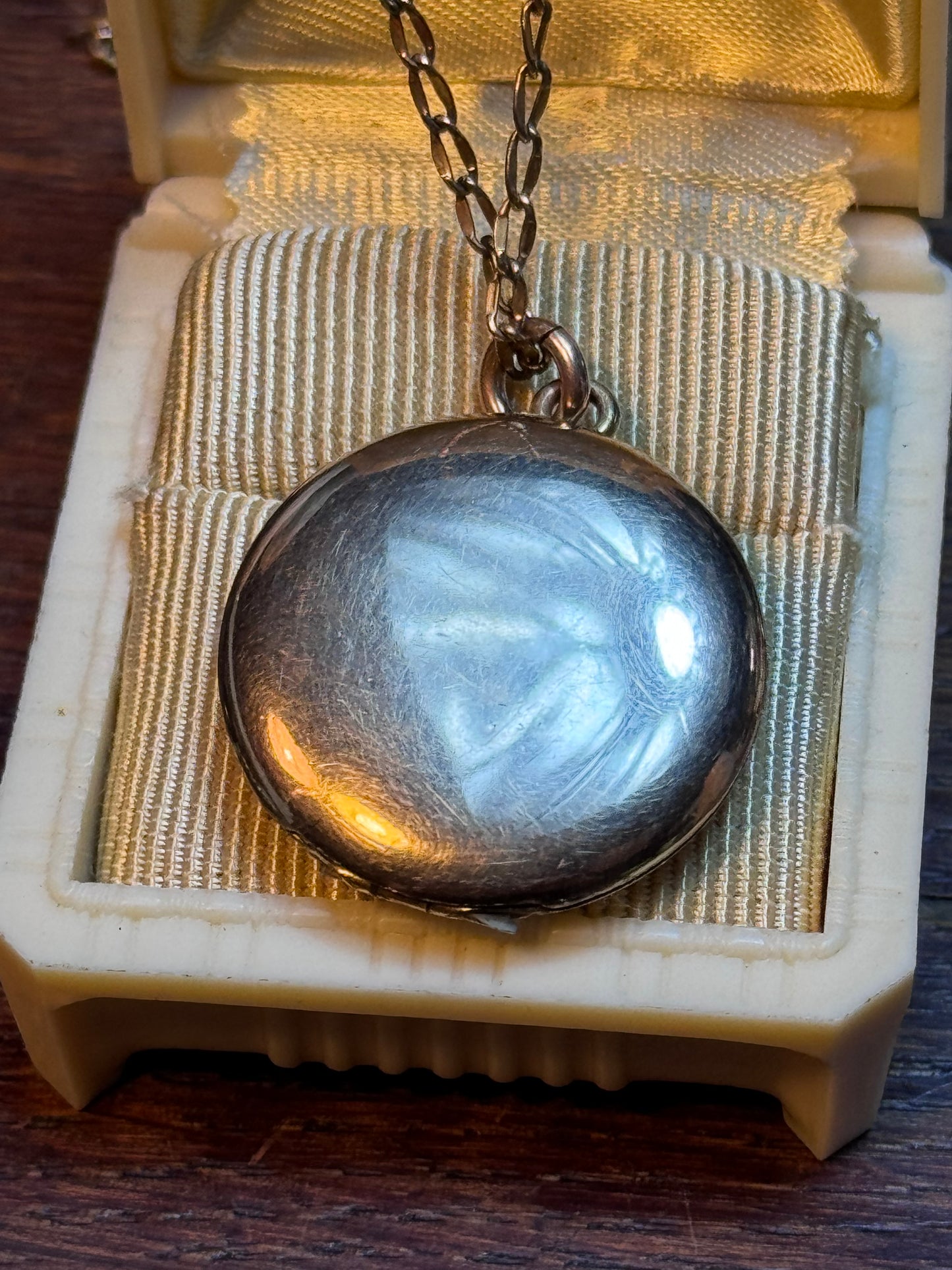 Victorian Rose-Gold Photo Locket Necklace Clear Paste Stones 19”