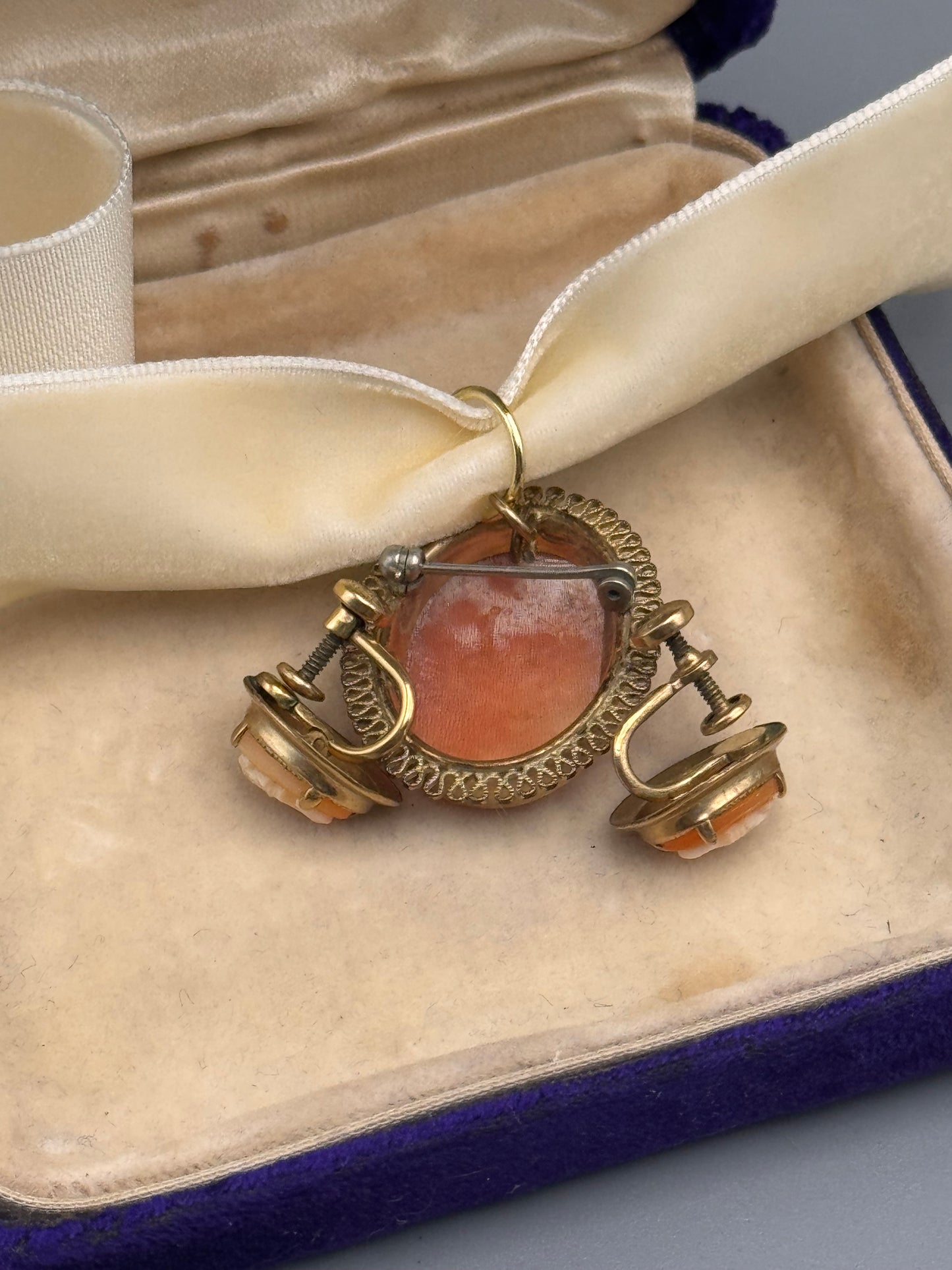 Gold Filled Cameo Brooch Pendant Screw Back Earring Set by AMCO
