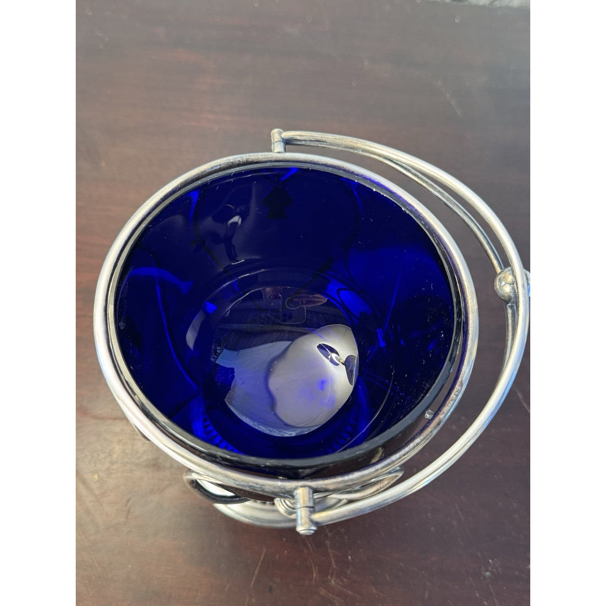 Vintage Bonbon Basket Cobalt Blue Glass Silverplate Heart Shapes Pedestal 7.5”