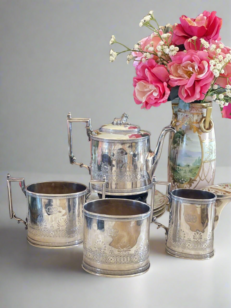Antique Gothic Revival GOAT Greek Key 4 Pcs Tea Set Silverplate Reed & Barton Mono