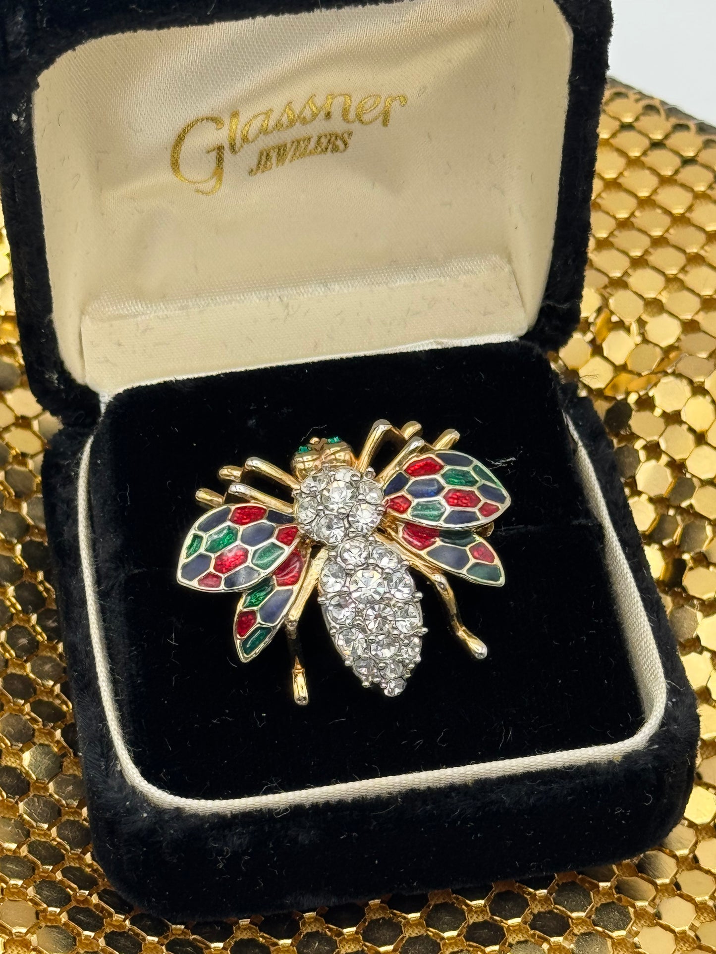 Vintage Bee Brooch Clear Rhinestone Enamel Red Blue Green Goldtone Ca. 1.38”