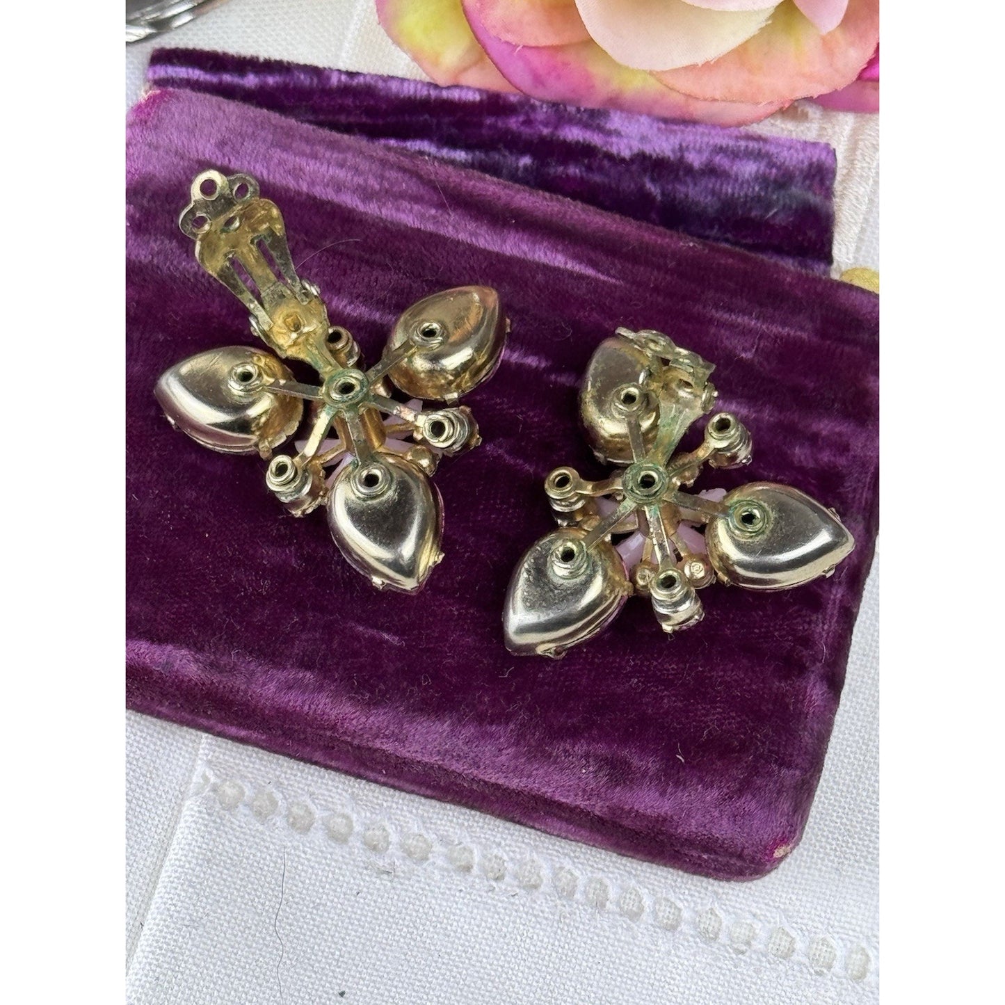 Vintage Earrings Pink Rhinestone & Molded Glass Floral Clip-On