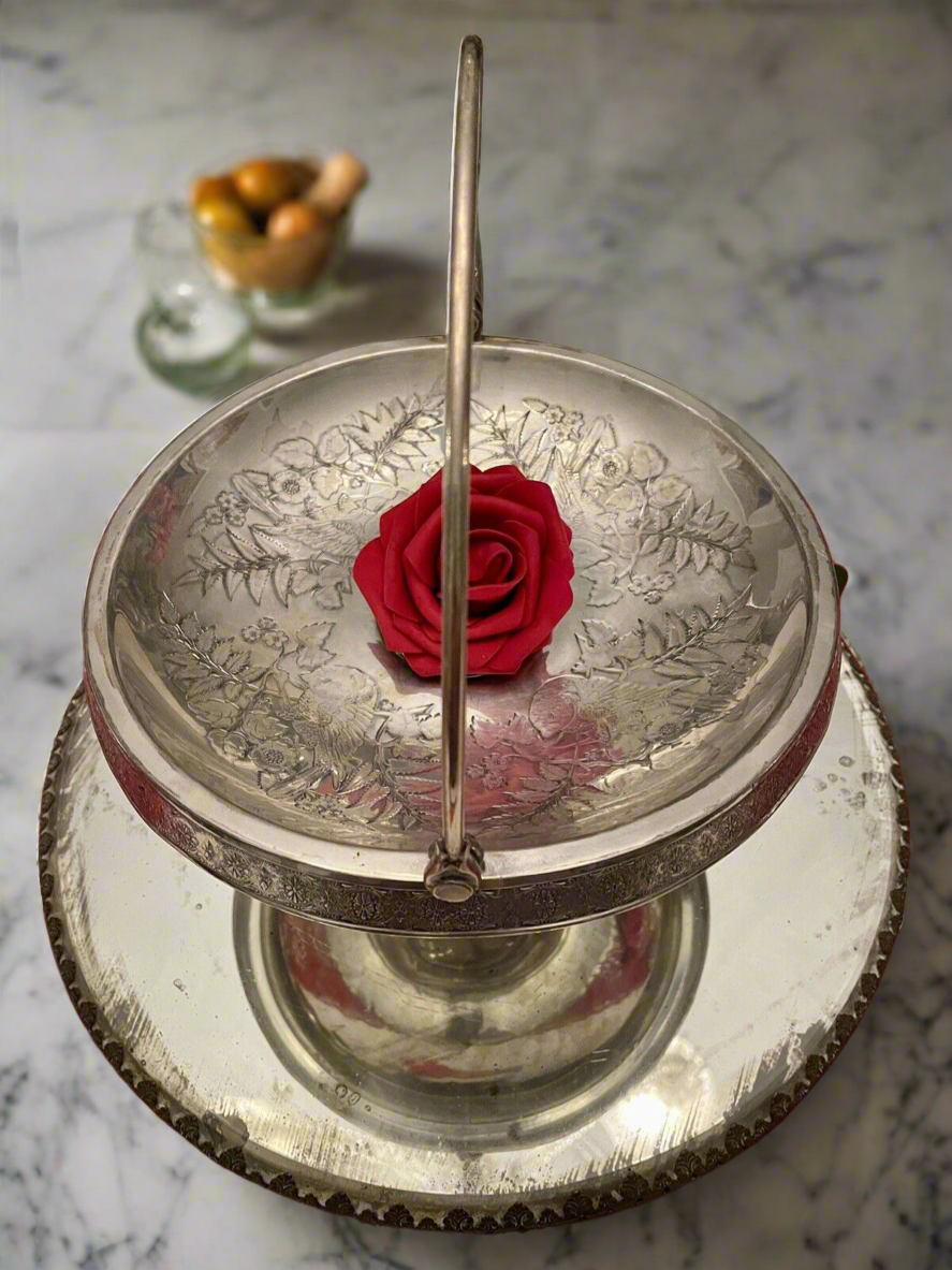 Antique Silverplate Bridal Basket Victorian Bird Motif Flowers & Fern