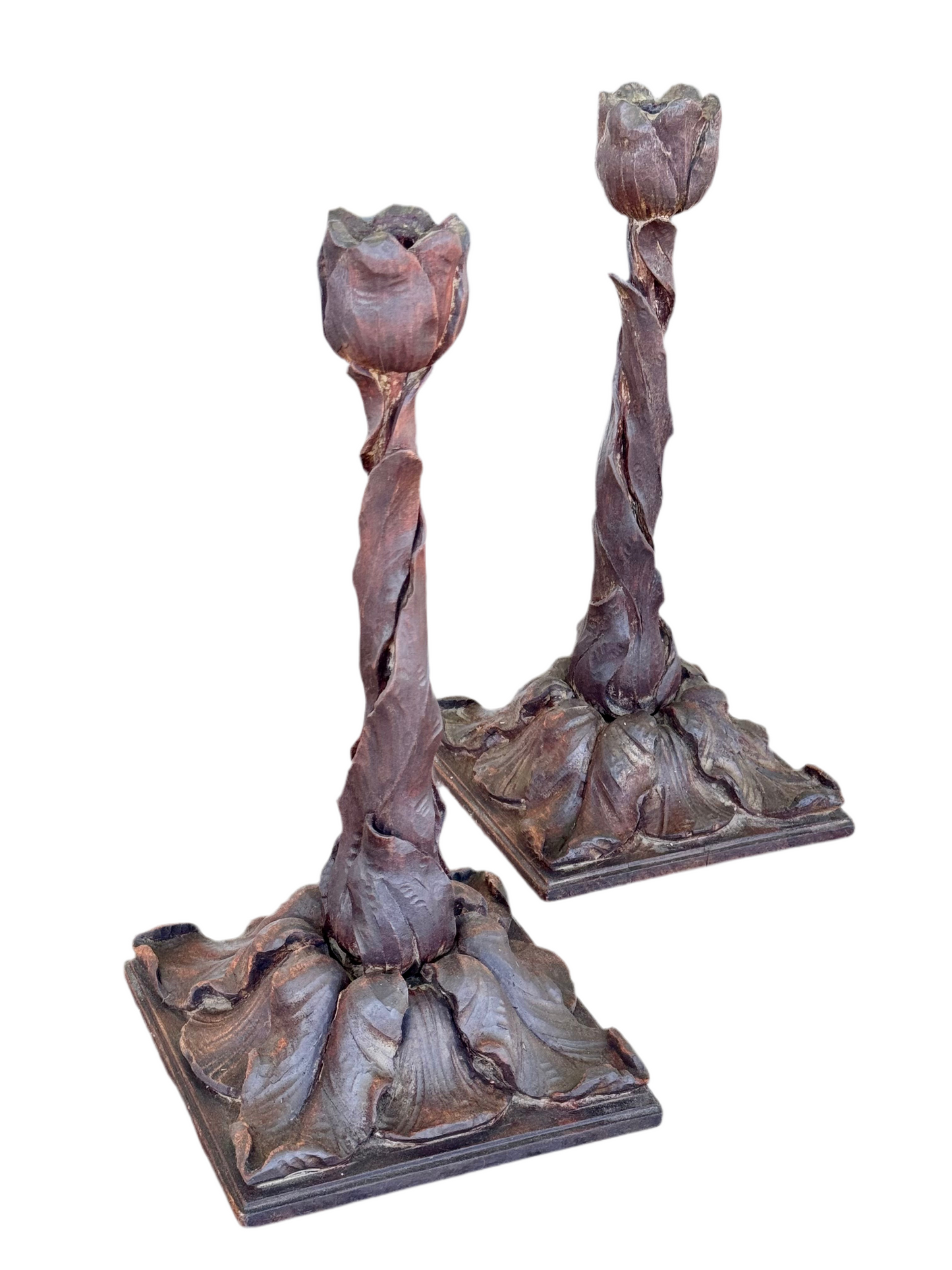 Antique BLACK FOREST Style Hand Carved Tulip Candlestick Pair Circa 14”h EXTREMELY RARE‼️