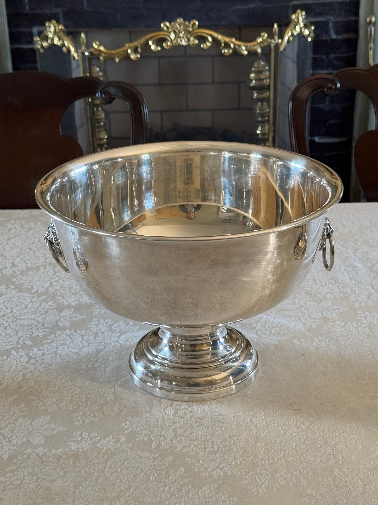 Vintage Silverplate Punch Bowl LARGE Wine Cooler Lion Head Ring Handles Rogers