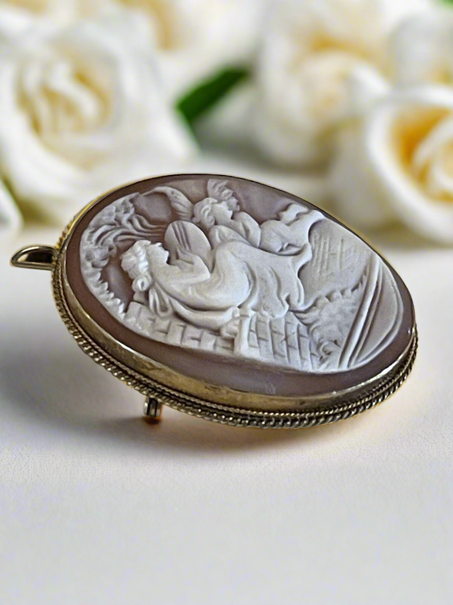 Carved Shell Cameo Greek Muse Playing Harp Cherub Gold Tone Hallmarked Vintage