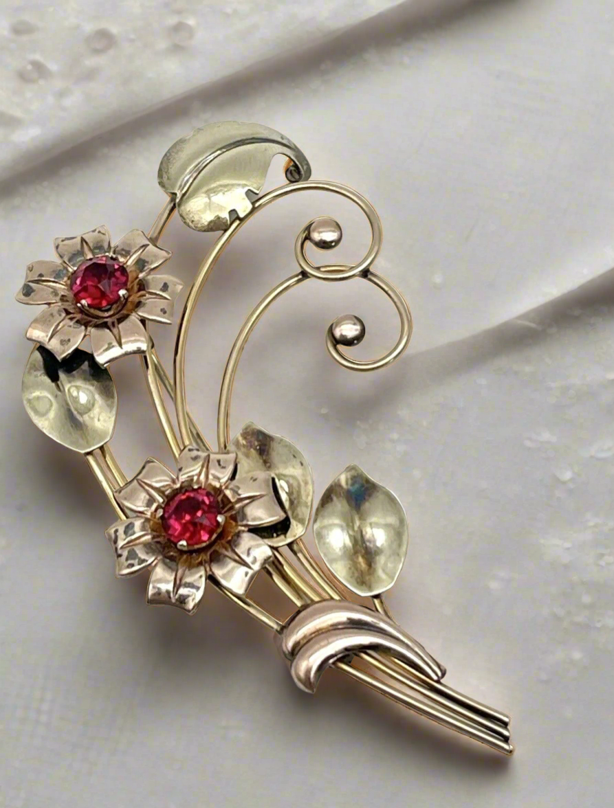 Vintage Harry Iskin 1/20 10K Gold Filled Red Flower Bouquet 3” Brooch Pin