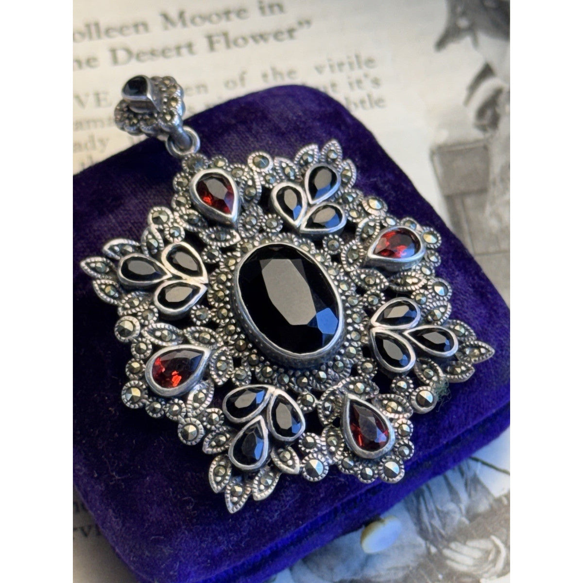 Sterling Silver Pendant Garnet Black Stones Marcasite Victorian Revival 2.25”