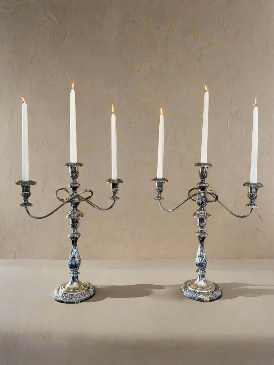 Vintage Silverplate Pair 3 Flame Candelabra Converts To Candlestick Repousse
