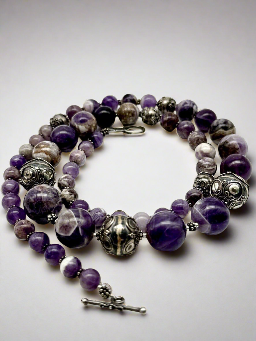 Chunky Purple Amethyst Sterling Silver Necklace Scroll Beads 28” By MERAN