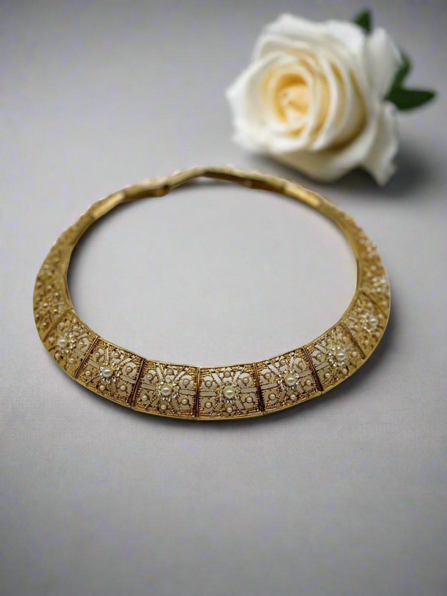 Cleopatra Style Gold-Tone Filigree Faux Pearl Rhinestone Choker ESTATE FIND