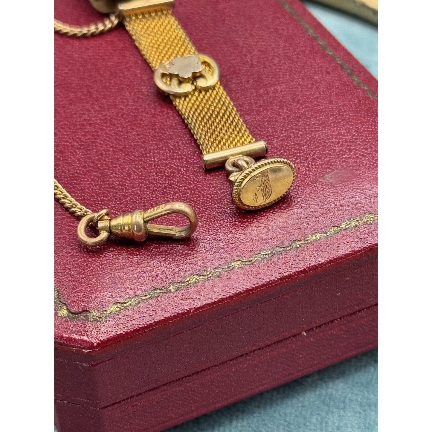 Gold-Filled Watch Fob Strap Monogram Mesh Chain Dog Clip 5.5” HFB Vintage