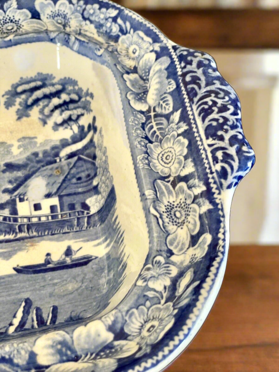 Antique Blue & White Lidded Tureen Landscape Scene With Lion Handle AS IS