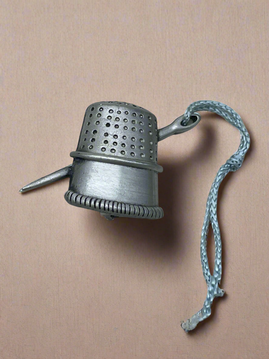 Vintage Pewter Thimble with Needle and Thread Brooch By J J Novelty Brooch