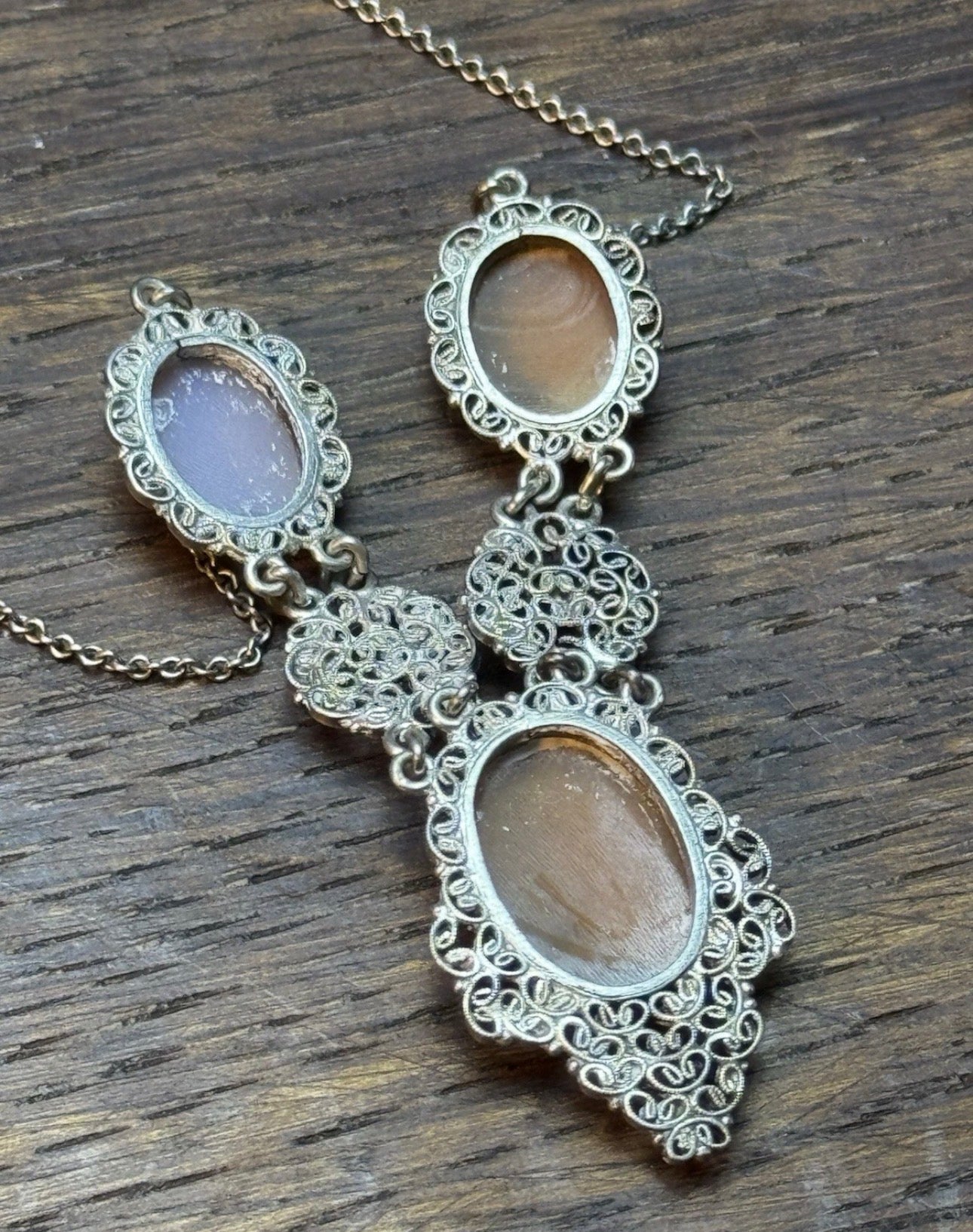 Antique Sardonyx Shell Cameo Necklace “Italian” Filigree 16.5” 800 Silver