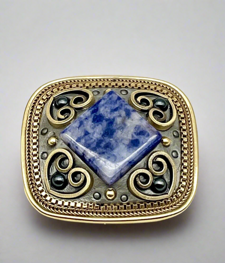 Vintage Michal Golan Signed Gold Tone Brooch w/Sodalite Heart Design
