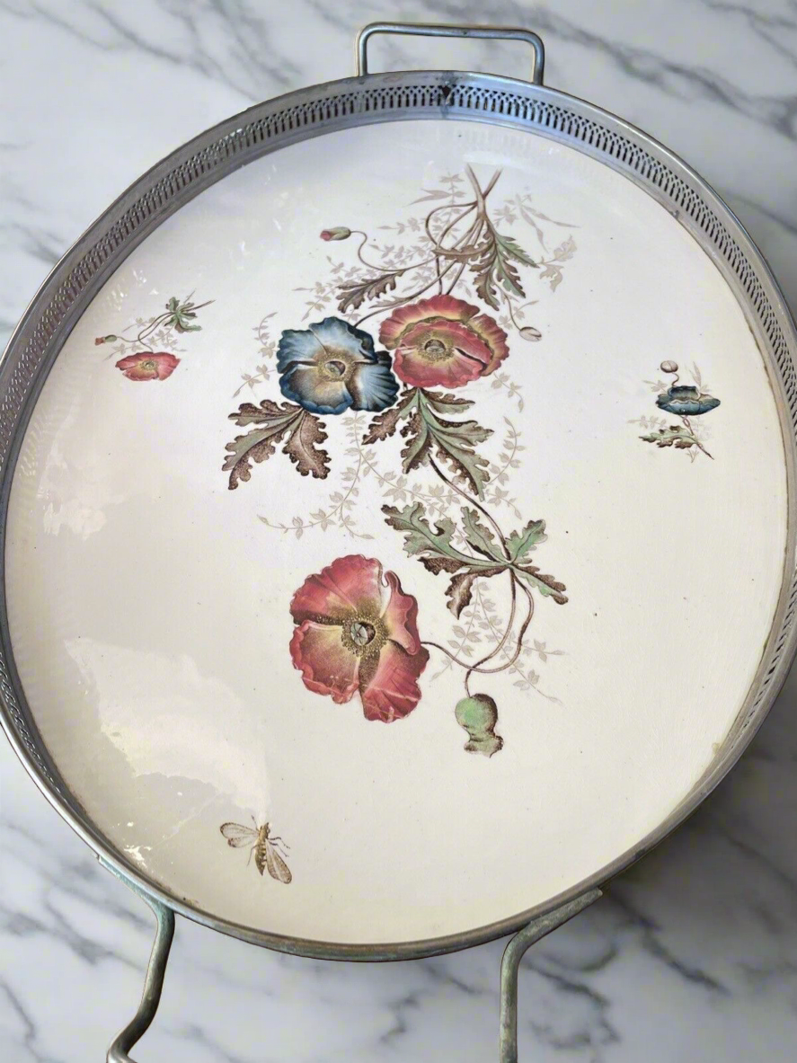 Antique Porcelain Gallery Tray Flowers & Bee Handled 20.5” X 13.25” Estate Find