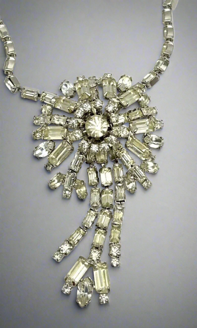 Art Deco Style Clear Rhinestone Necklace Ca. 15” L