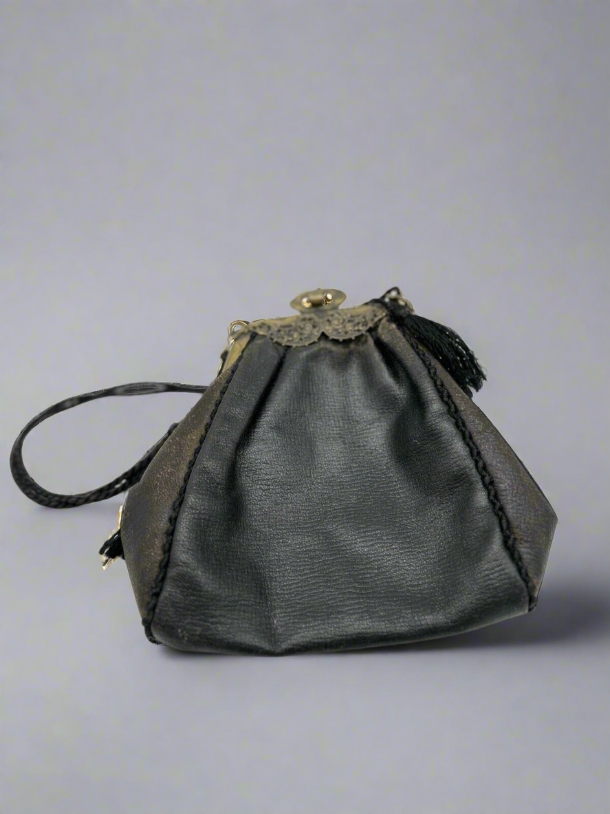 Antique Victorian STYLE Black Brown Leather Purse ESTATE FIND