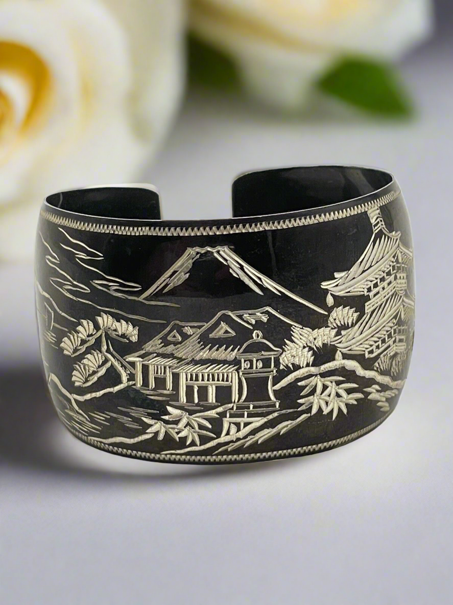 STERLING 950 Damascene Black Pagoda Silver Vintage Cuff Bracelet EXQUISITE SIGNED