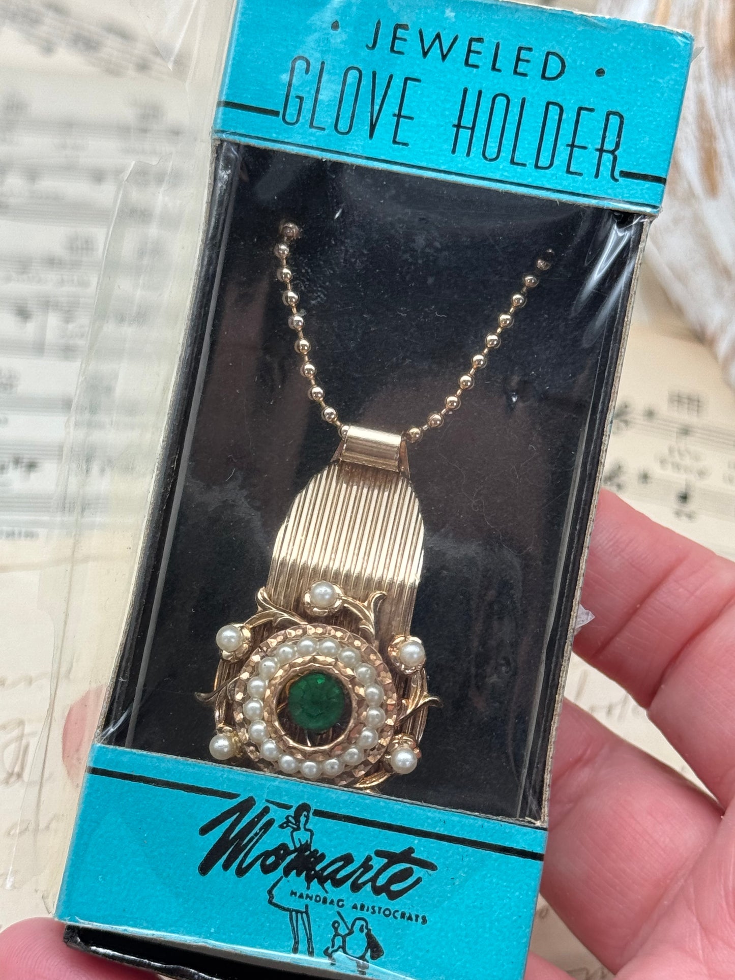 Vintage Jeweled GLOVE HOLDER by Momarte 24k Hamilton Gold Plated in original Package