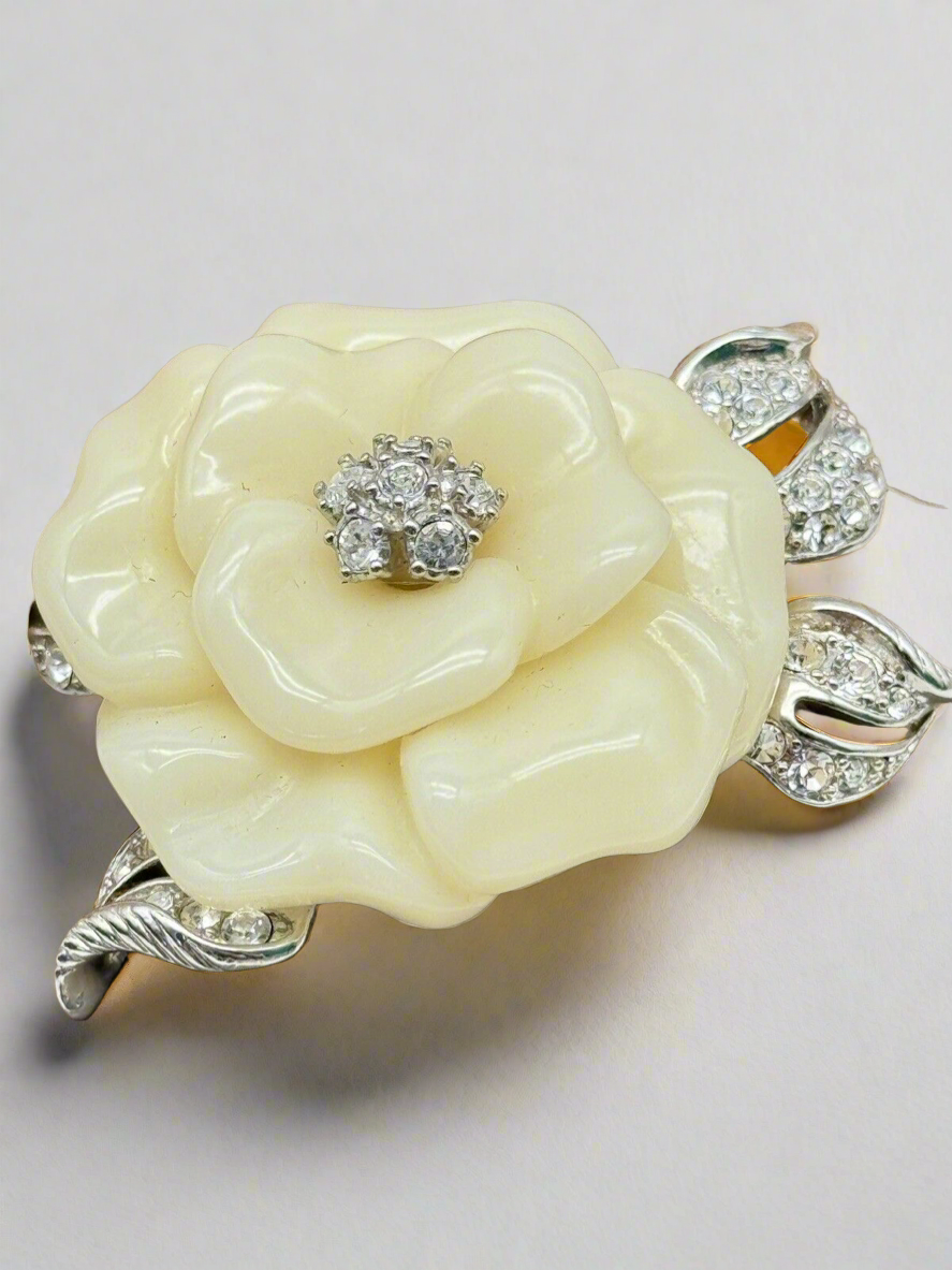 Nolan Miller Lara Camellia White Flower and Rhinestone Pin Silver