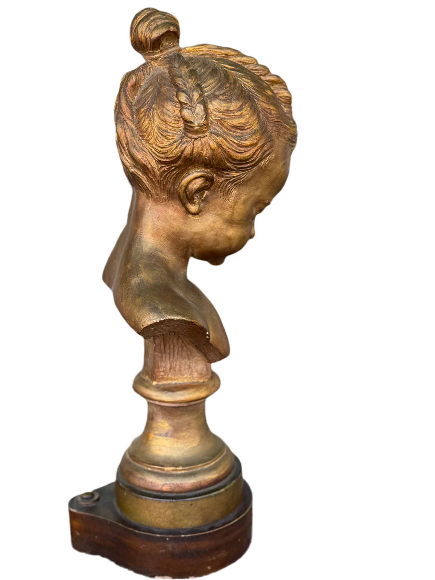 Antique STYLE French Girl Bust reproduction of a work by the French sculptor Jacques François Joseph Saly (1717-1776). SUBSTANTIAL Estate Find On Wooden Base 21”h