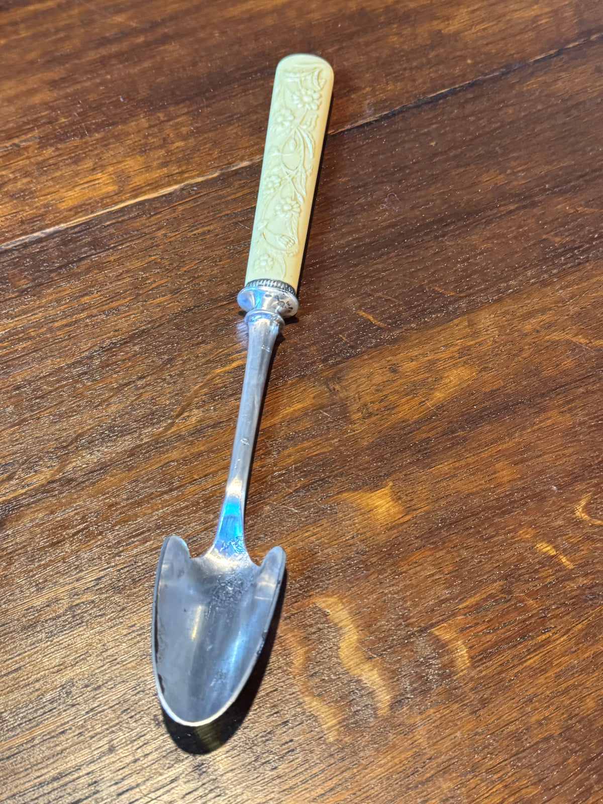 Antique Stilton Cheese Scoop Celluloid Floral Handle Silver Plate Serving Utensil