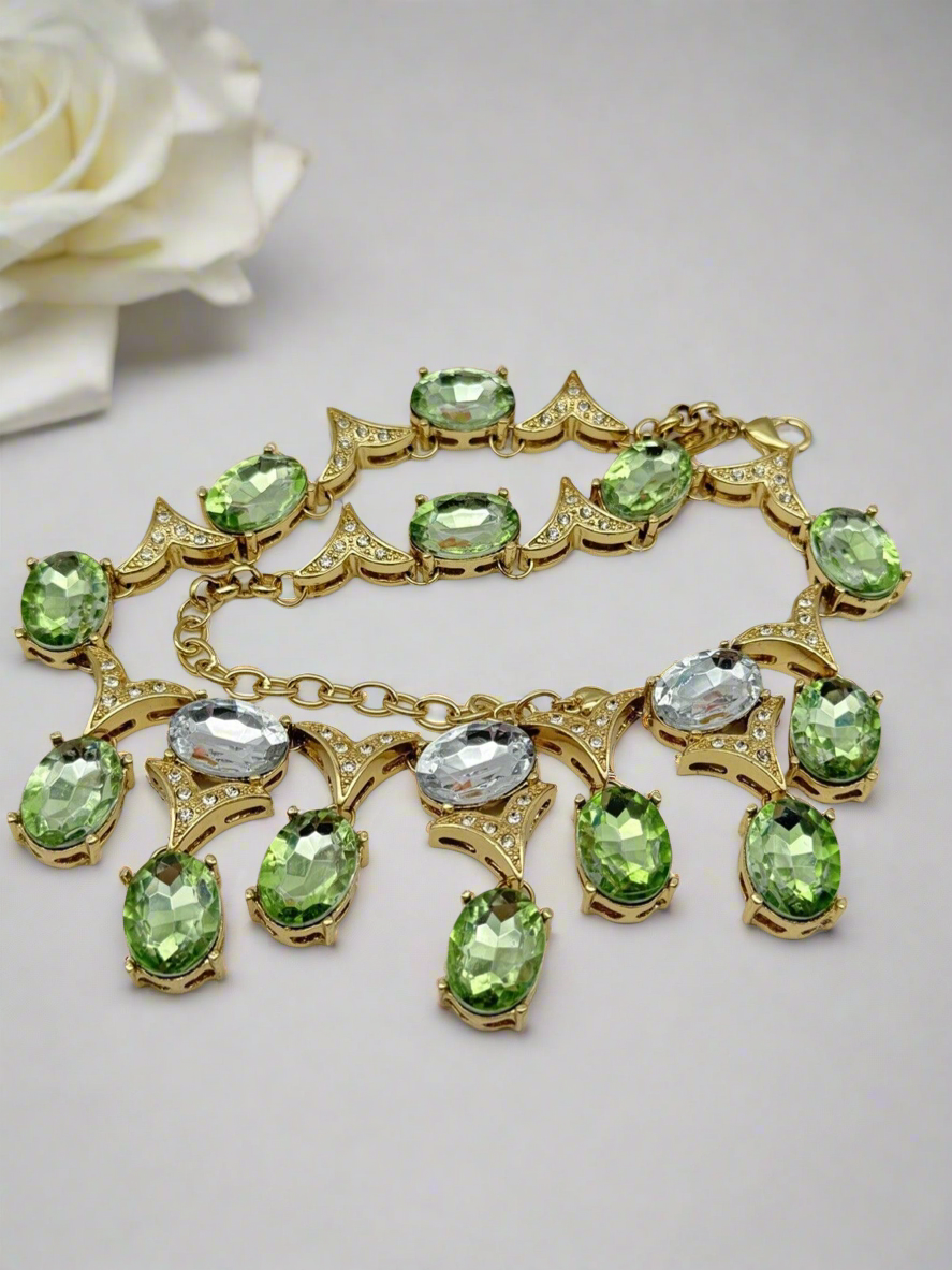 Vintage SIGNED SCAASI Green, Clear, Gold Tone Necklace STATEMENT PIECE