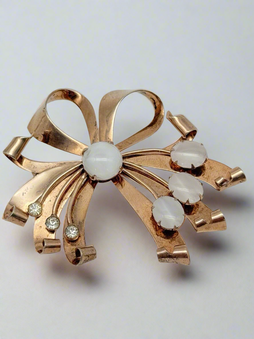 1940s Brooch STERLING Gold VERMEIL Retro Ribbon With Opaline Stones & Rhinestone