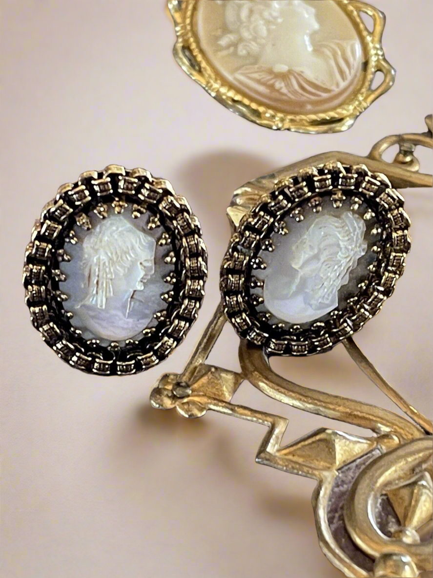 Mother of Pearl Carved Cameo EARRING Clips Filigree Casing VINTAGE
