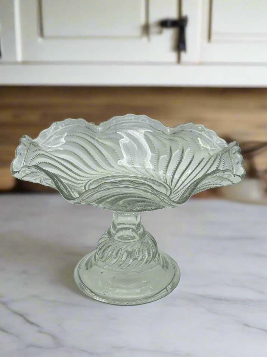 Antique Pressed Glass Compote Crimped Edge Swirls