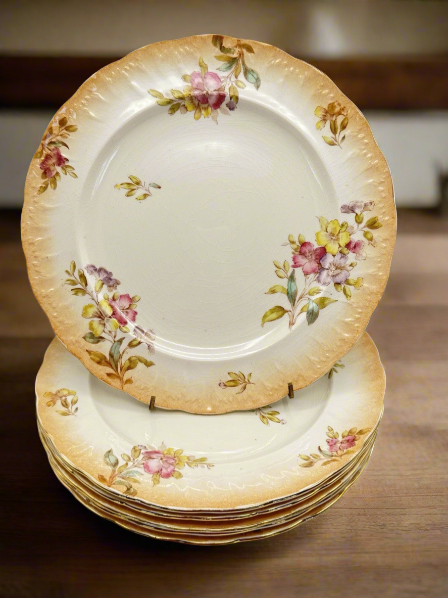 6 ANTIQUE Sampson Bridgwood & Son DINNER PLATES Floral Pink Peach 10.5”