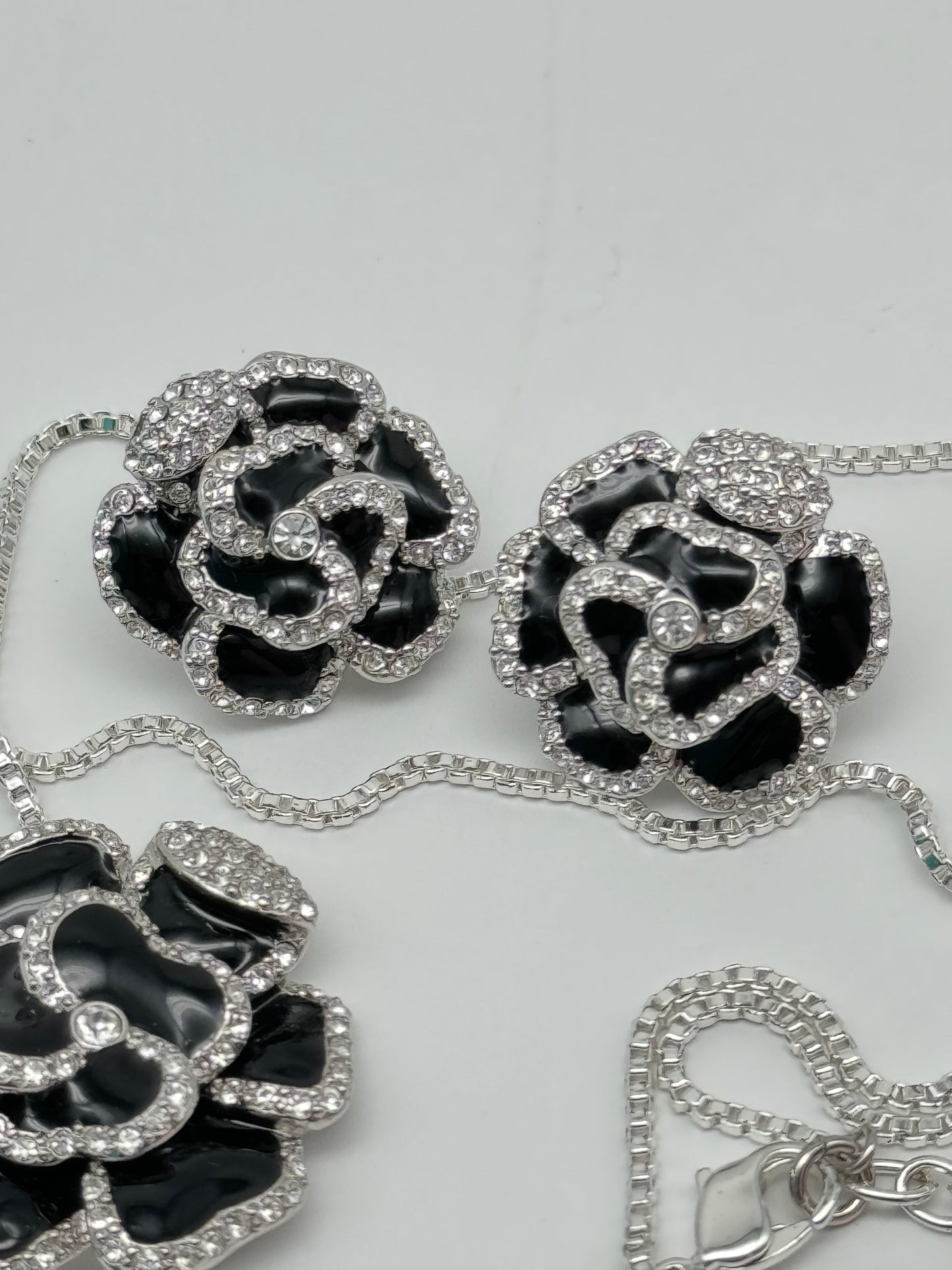 Joan Rivers Classic Collection Black Rose Earrings & Pendant Necklace 18.5”
