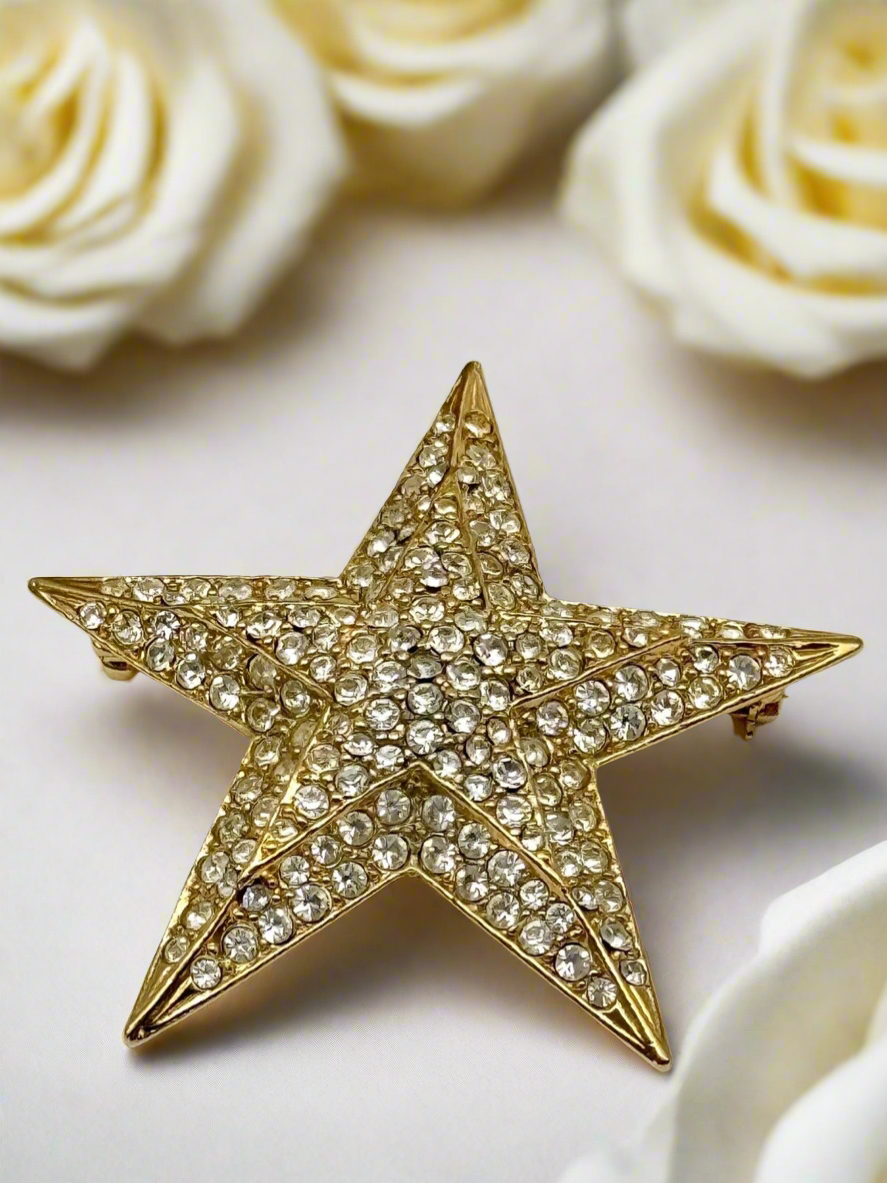 Vintage Joan Rivers Clear Rhinestone Gold Tone Star Brooch