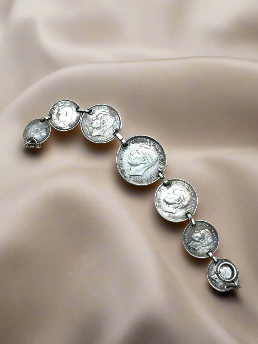 Vintage AUSTRALIA 1943 FLORIN Sterling Coin Bracelet Marked Sterling 7 Coins 7”