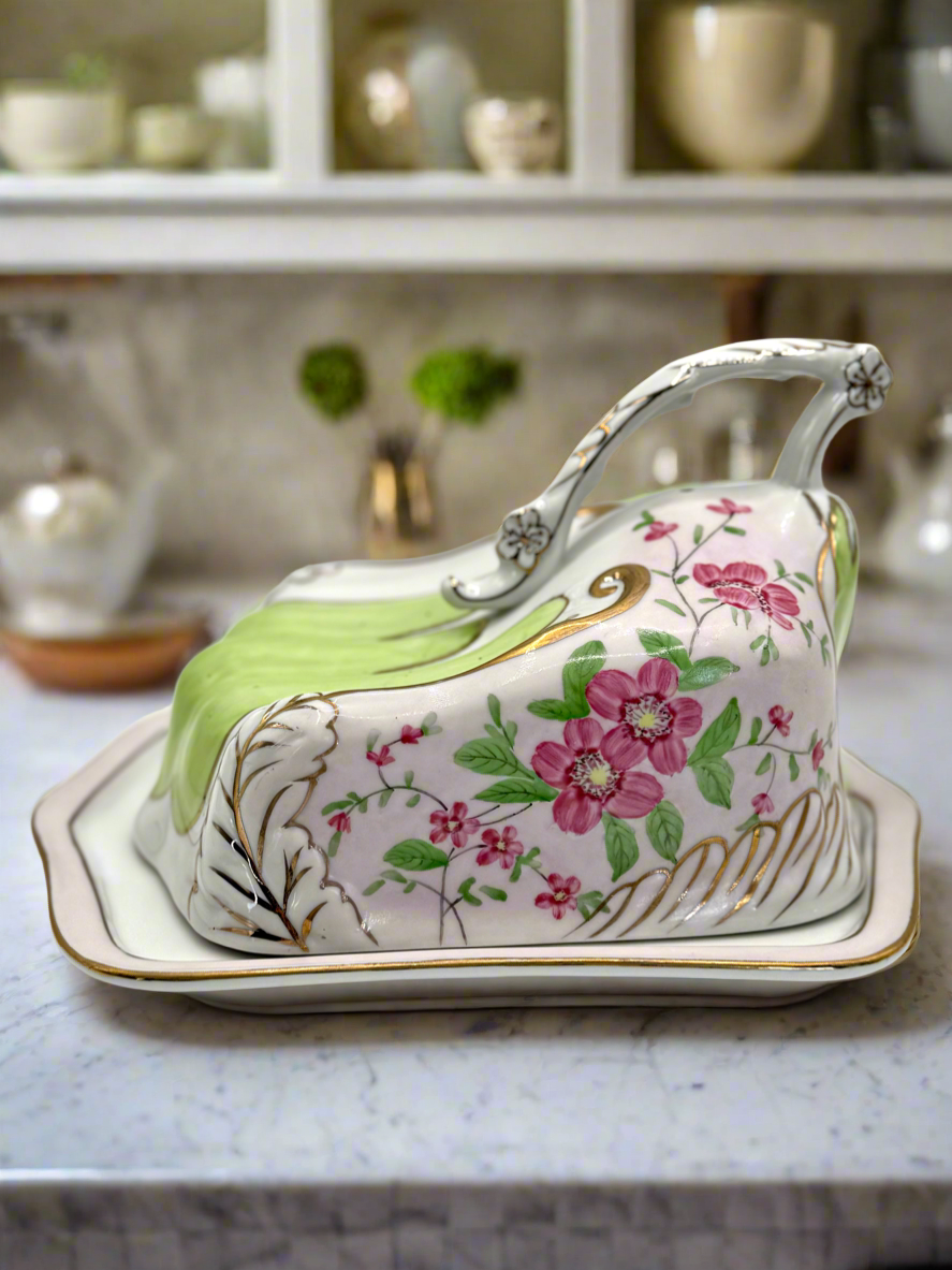 Antique PINK FLORAL Cheese Cloche Art Nouveau Style ESTATE FIND
