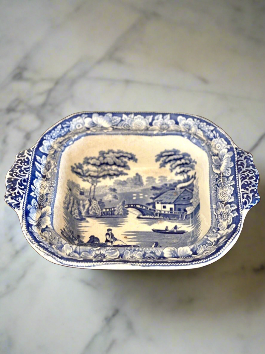 Antique Blue & White Lidded Tureen Landscape Scene With Lion Handle AS IS