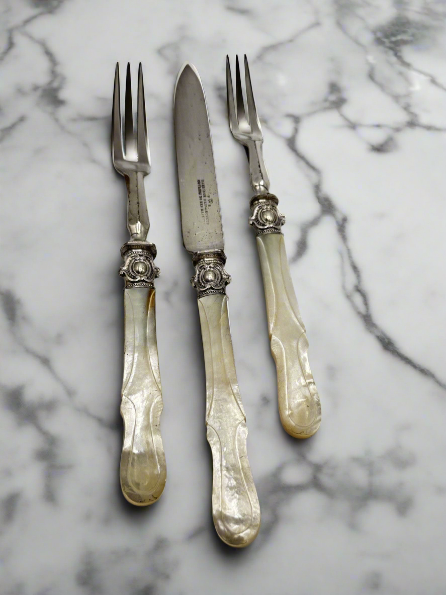 MOP 3 Piece Meat Carving Set ANTIQUE Harrison Bros. & Howson Sheffield