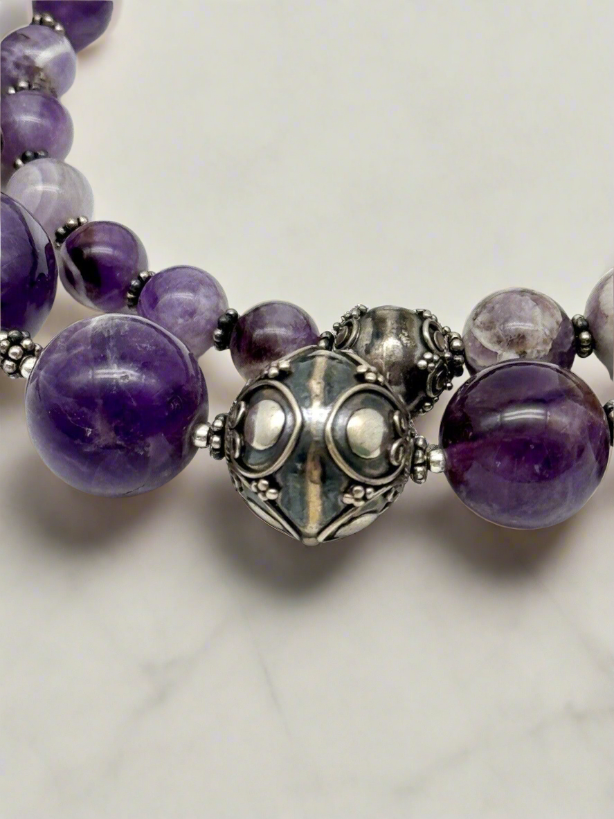 Chunky Purple Amethyst Sterling Silver Necklace Scroll Beads 28” By MERAN