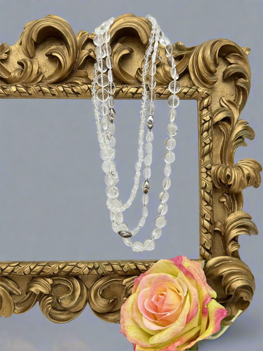 VTG 3 Strand Clear Glass Pool Of Light STYLE Silvertone Accent Beads 18” + 2”