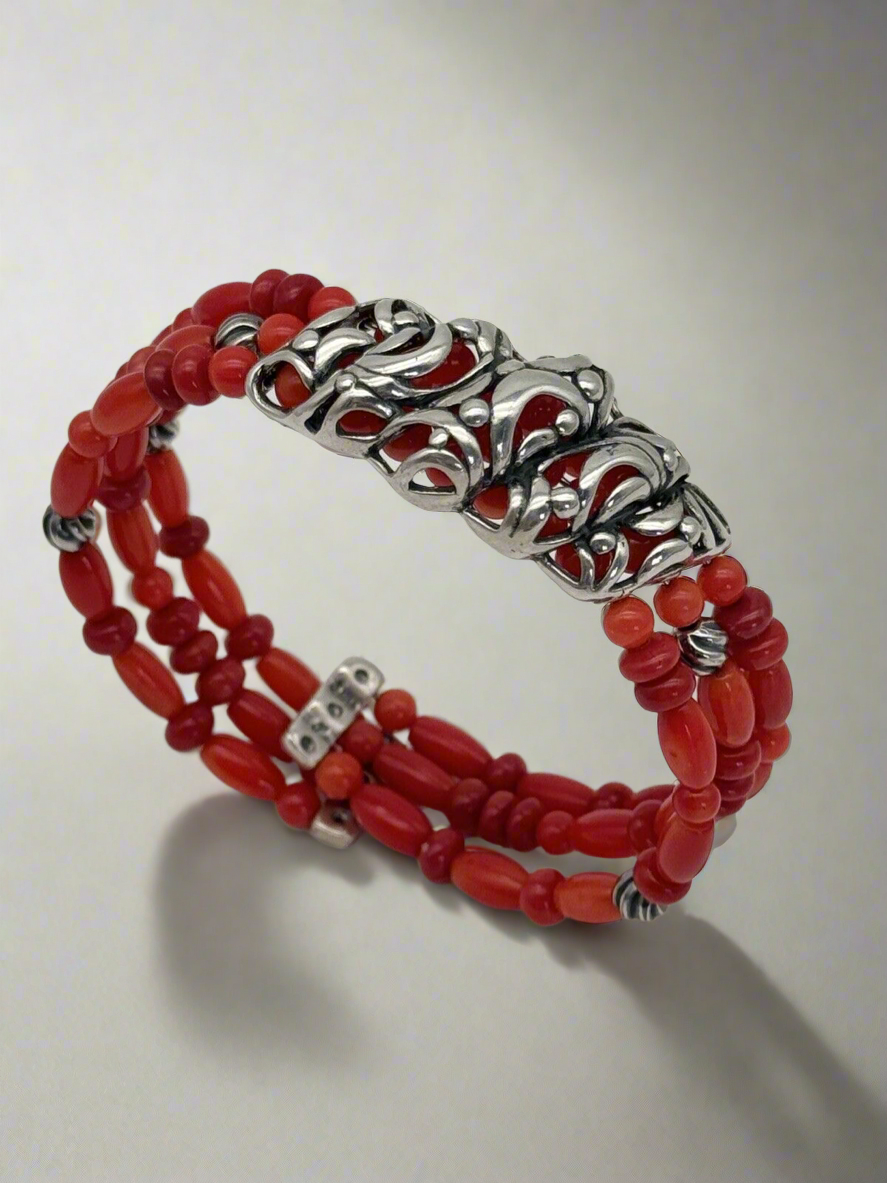 Vintage CP “CAROLYN POLLACK” Bracelet Cuff Coral Beads Sterling SIGNED Estate Find