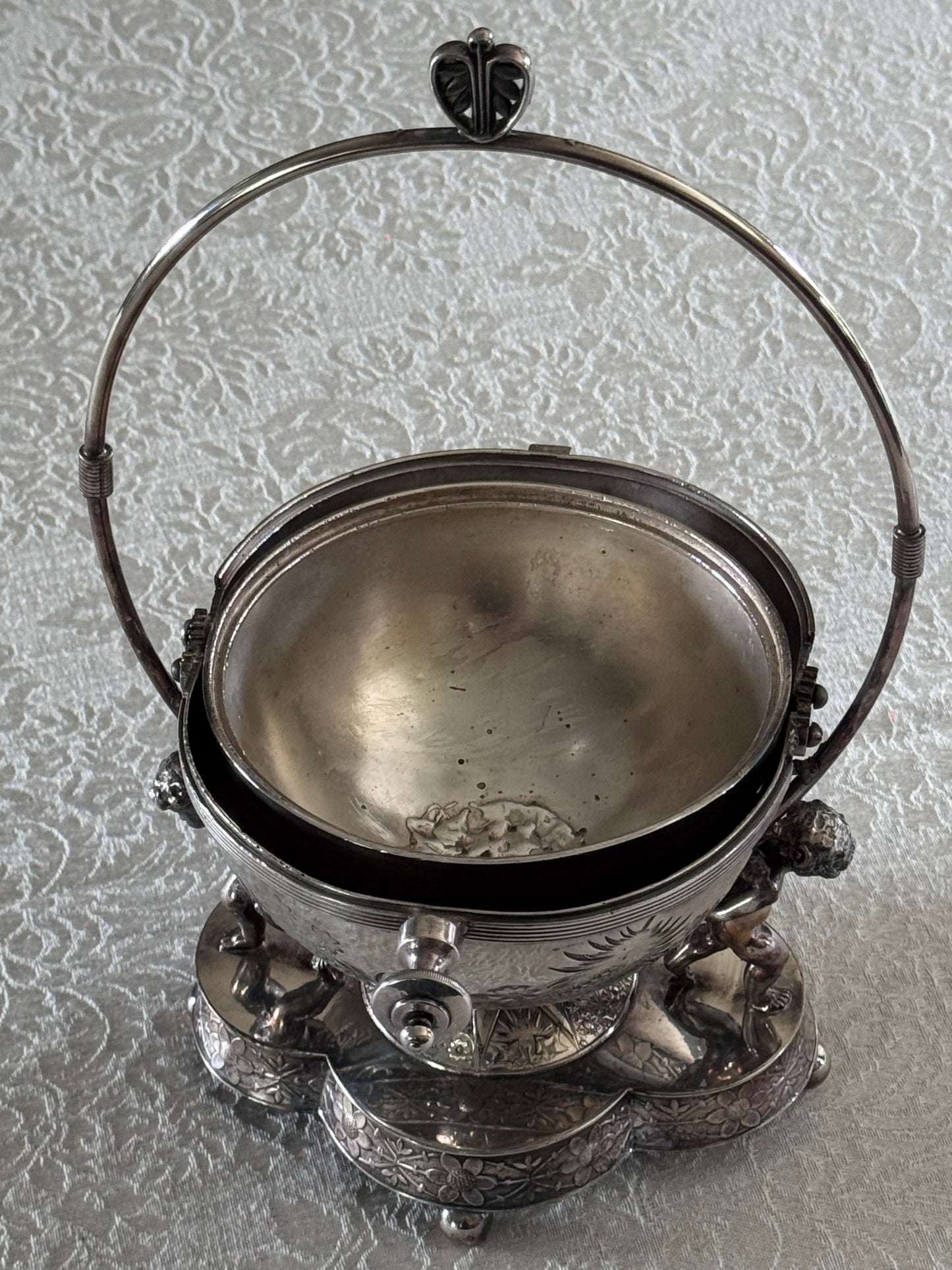 Antique Silverplate Putti Cherub Mechanical Butter Dish Victorian American Gilded Age c. 1880–1900