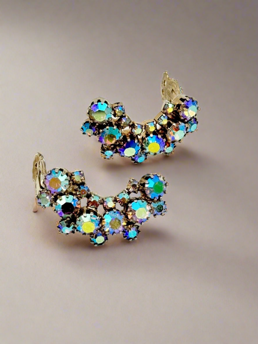 Verified JULIANE D&E Earrings Blue Crescent AB RHINESTONE Ref #1250