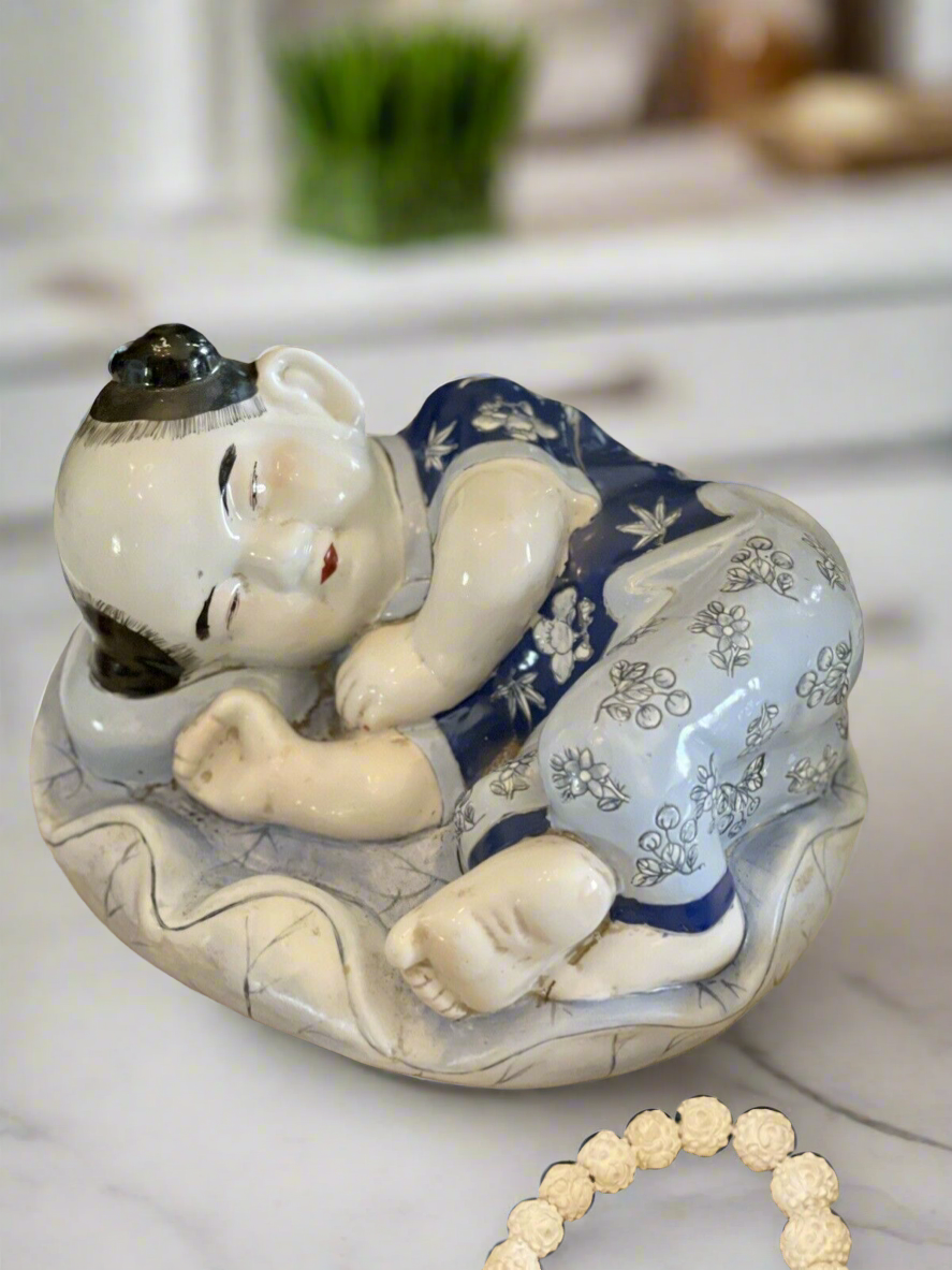 Vintage Chinoiserie Child Statue Blue & White By H.F.P Macau