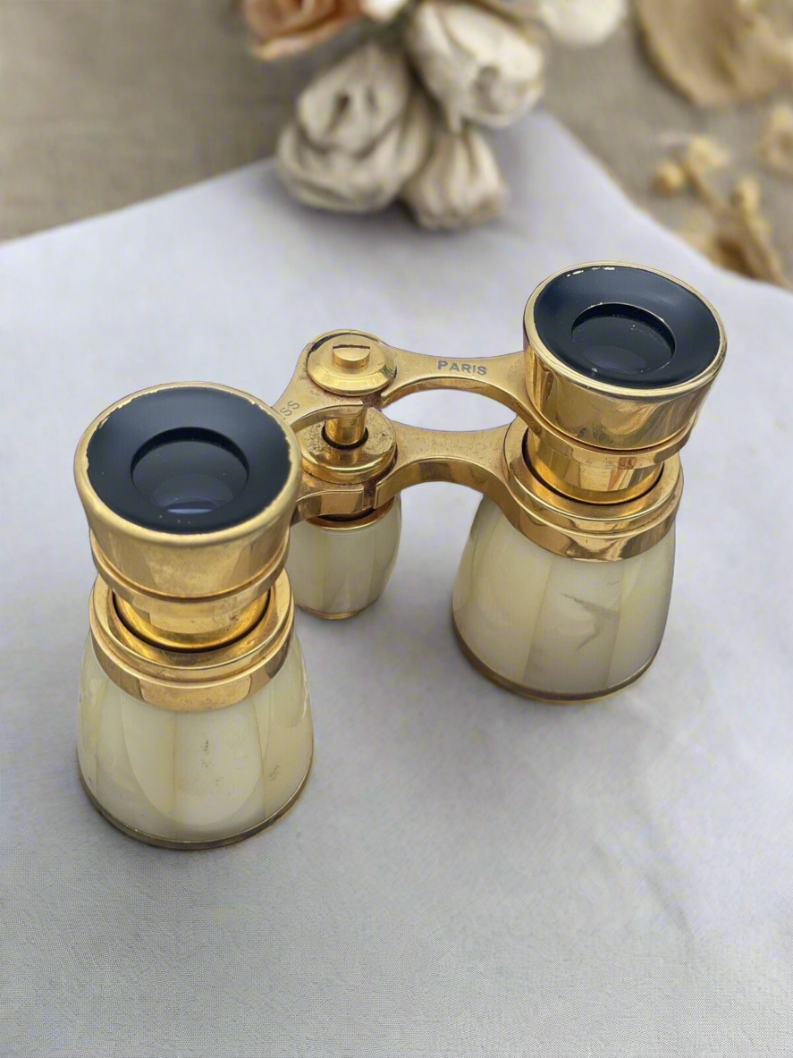 Antique Opera Glasses FRENCH Paris Duchess X3 Brass MOP In Original Case