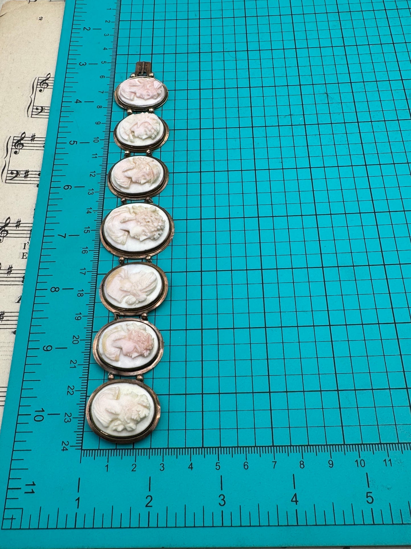 ANTIQUE Victorian 7 Large Carved Cameo Bracelet 9k Gold circa 7” High Relief!